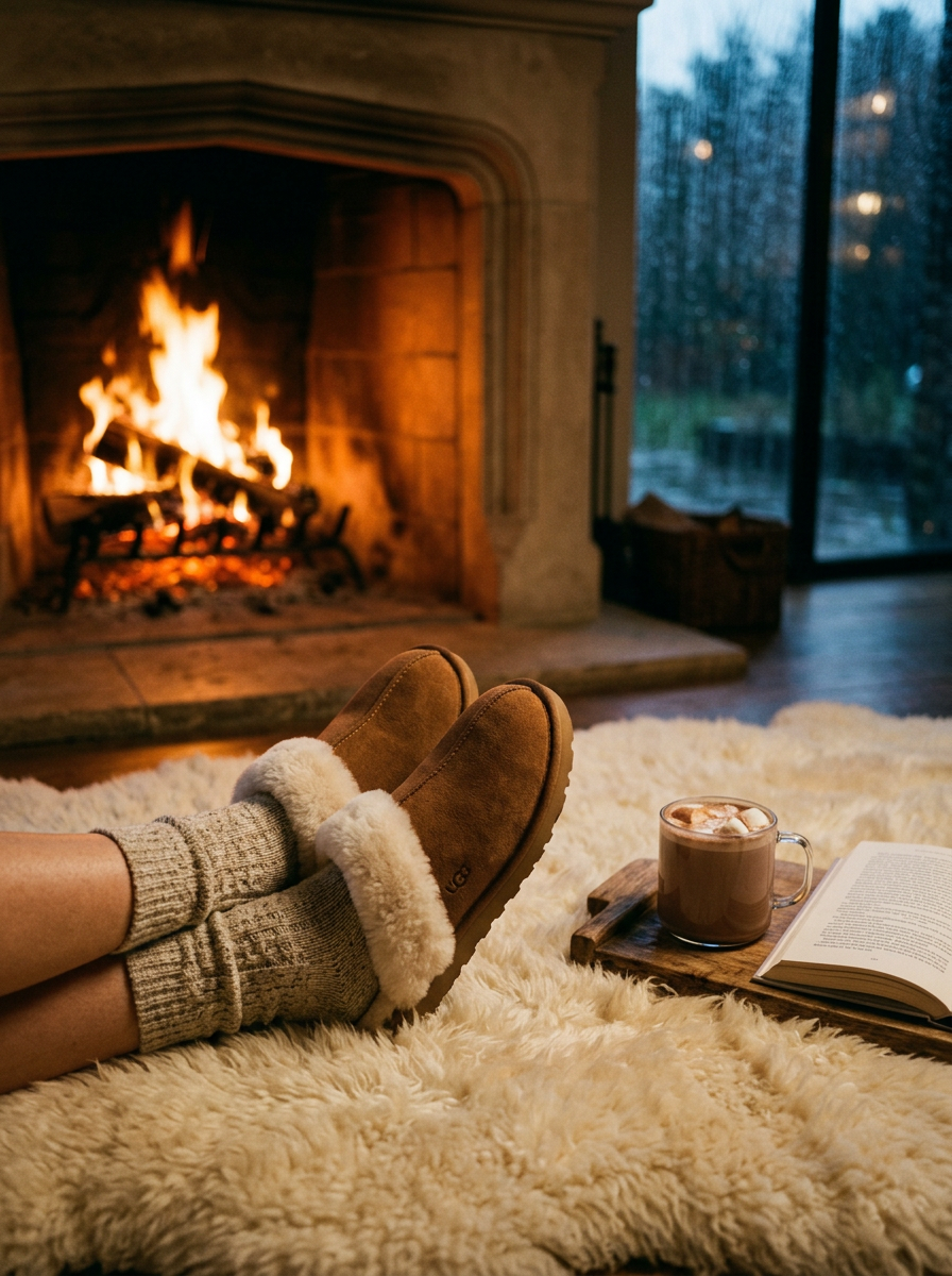 The Chelsea Slipper in Chestnut by the fire