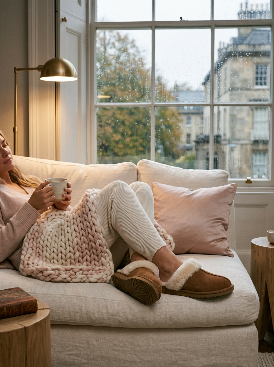 The Chelsea Slipper in Chestnut, worn on the sofa