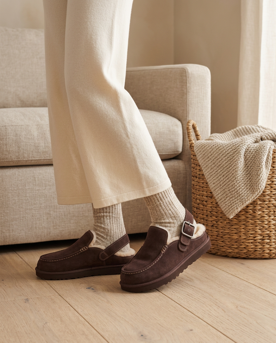 The Highgate Clog in Espresso, worn at home
