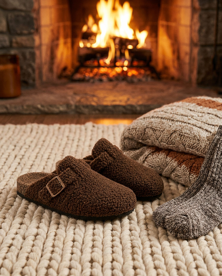 The Notting Hill Teddy Clog in Mocha, by the fire