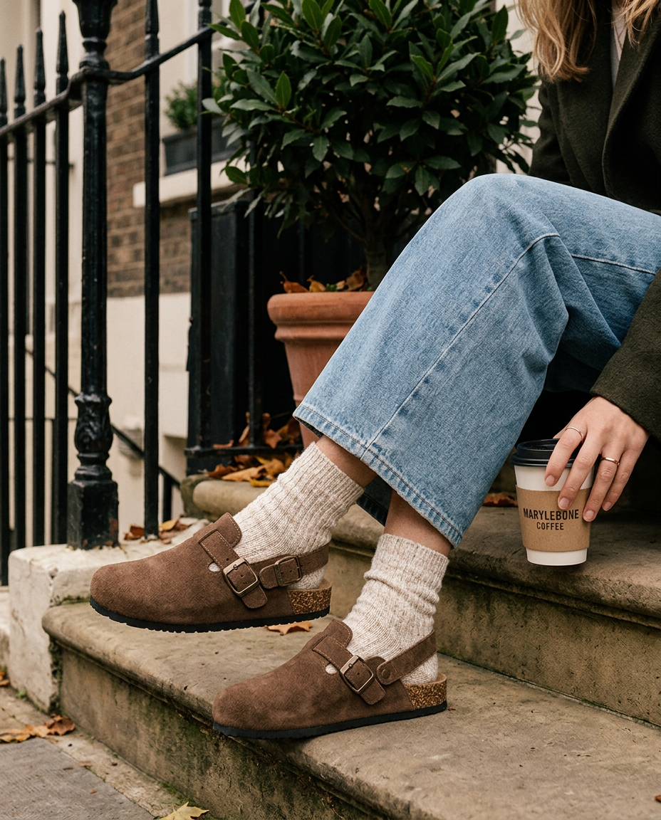 The Marylebone Strap Clog in Mocha on the steps