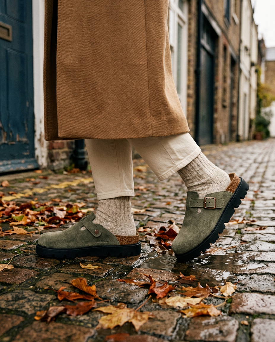 The Richmond Lug Clog in Sage on wet cobbles