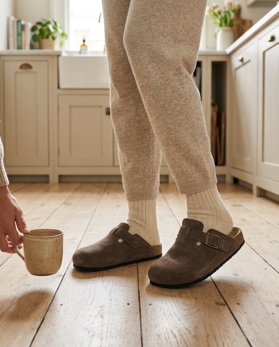 The Camden Clog in Espresso, worn at home
