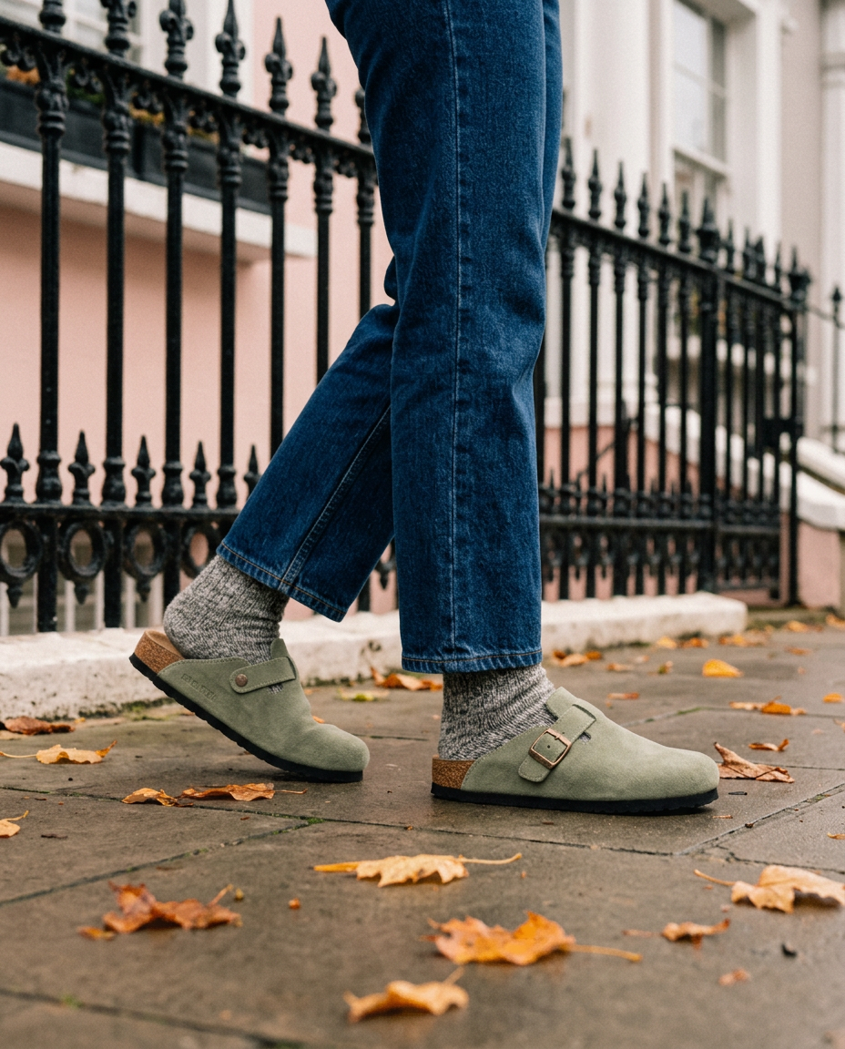 The Camden Clog in Sage, worn outside