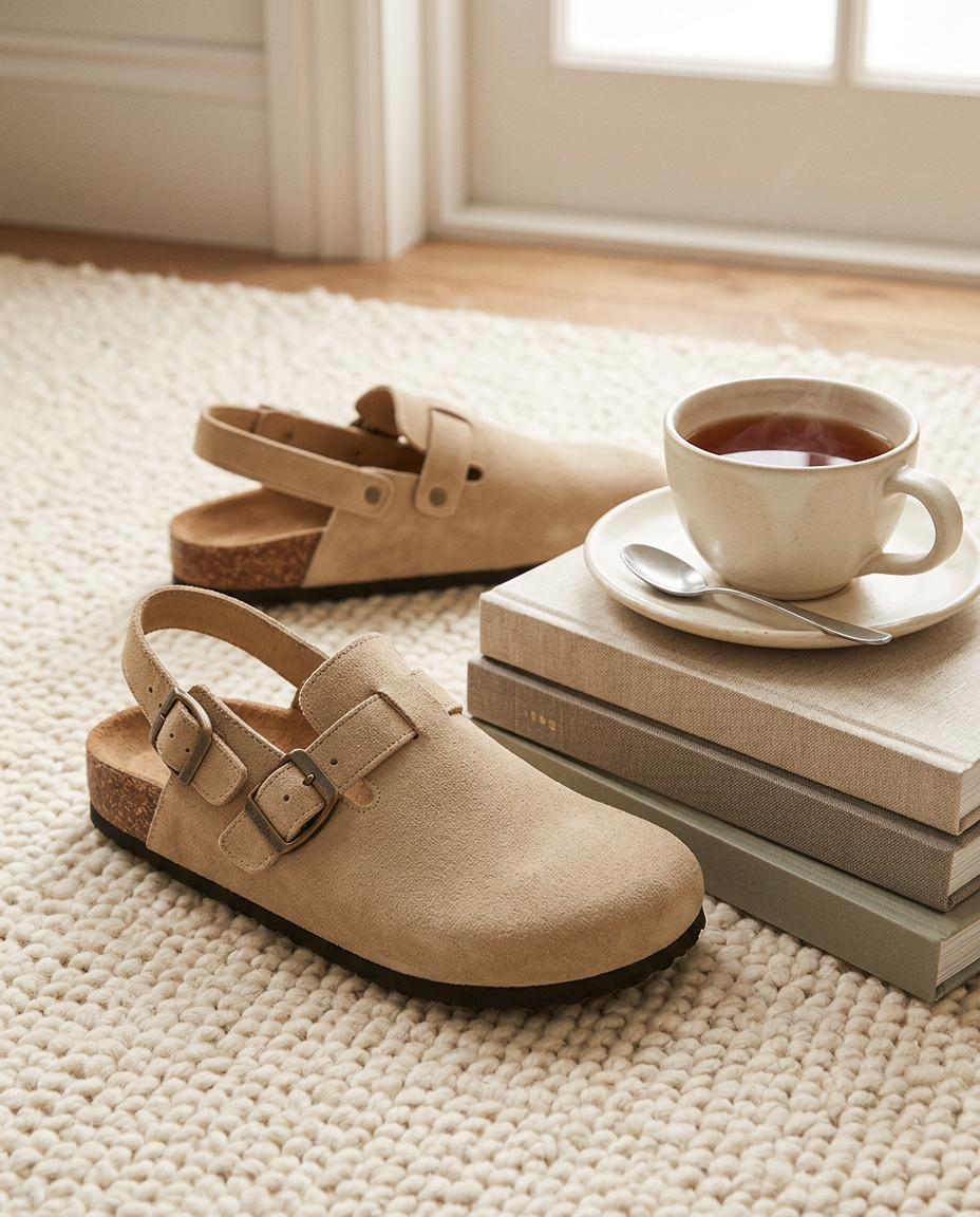 The Marylebone Strap Clog in Sand at home