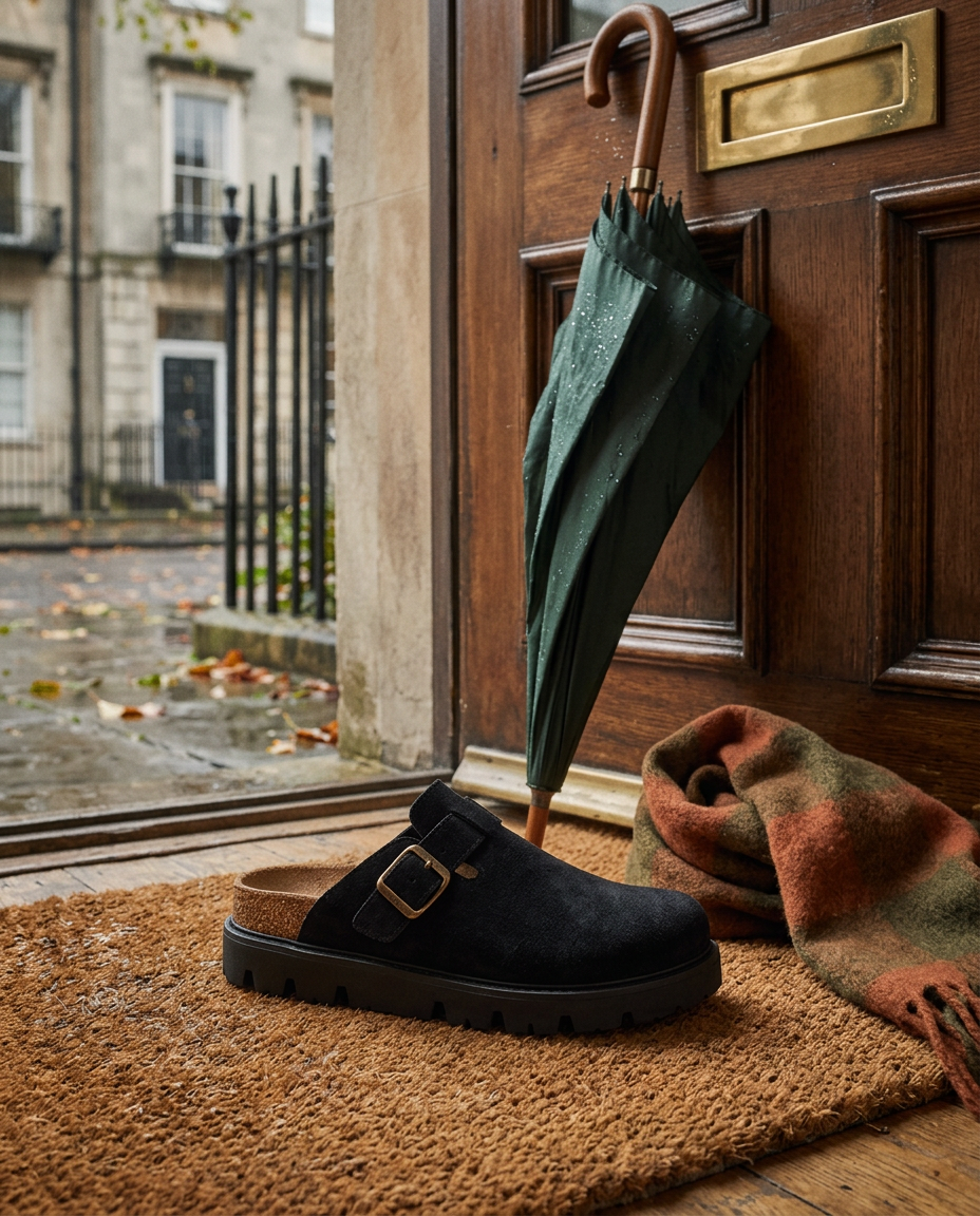 The Richmond Lug Clog in Black by the front door