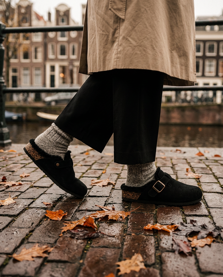 Black suede clogs on wet cobblestones in Amsterdam