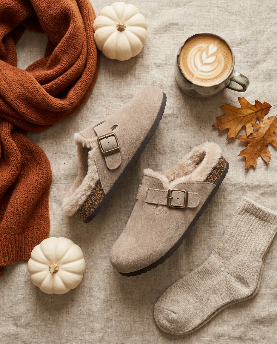 Sand suede clogs flat lay with scarf, pumpkins and coffee