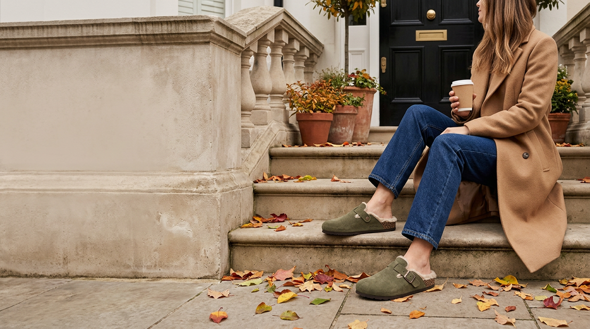 Sage suede clogs on the front steps of a London townhouse