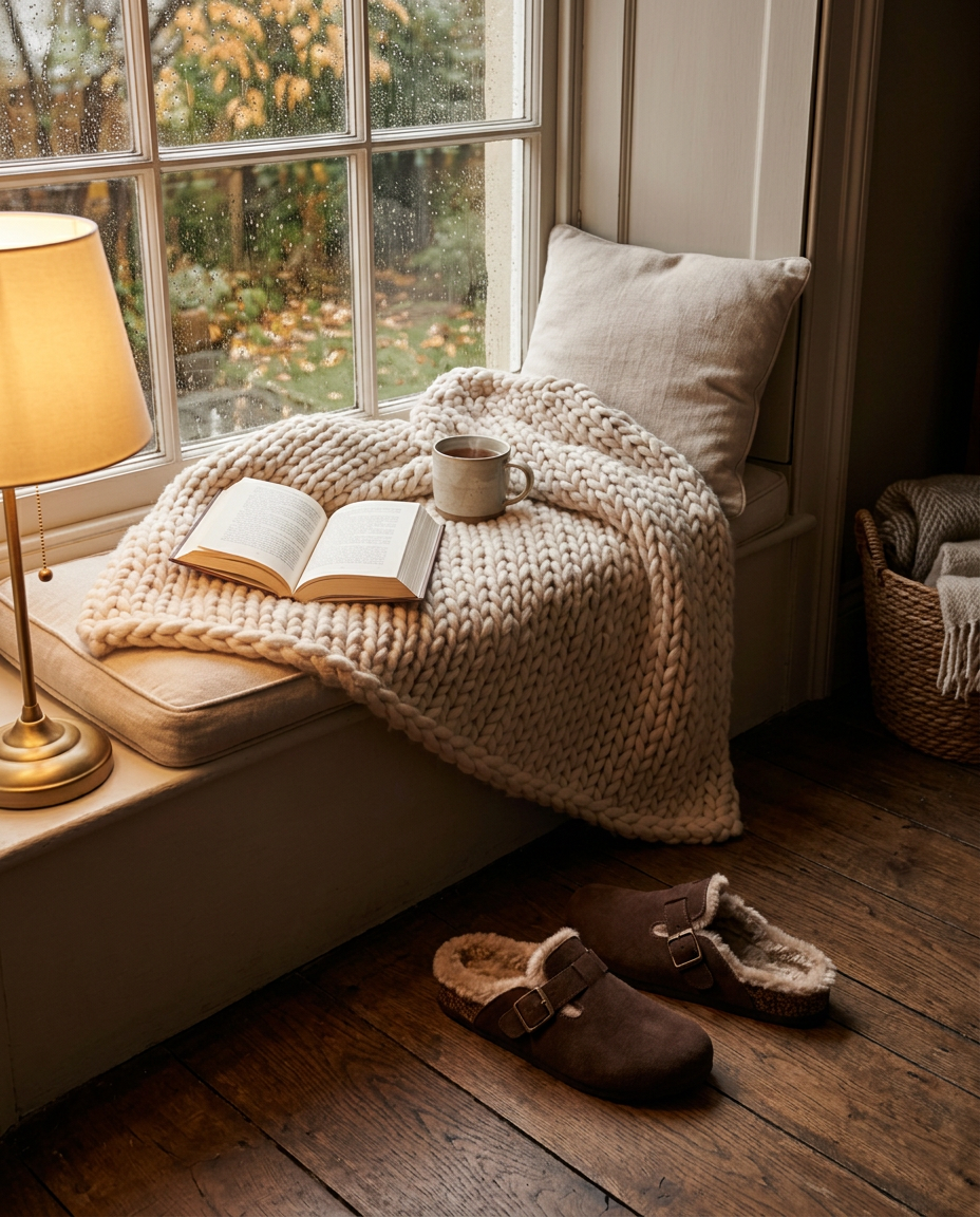 Espresso suede clogs by a rainy window seat
